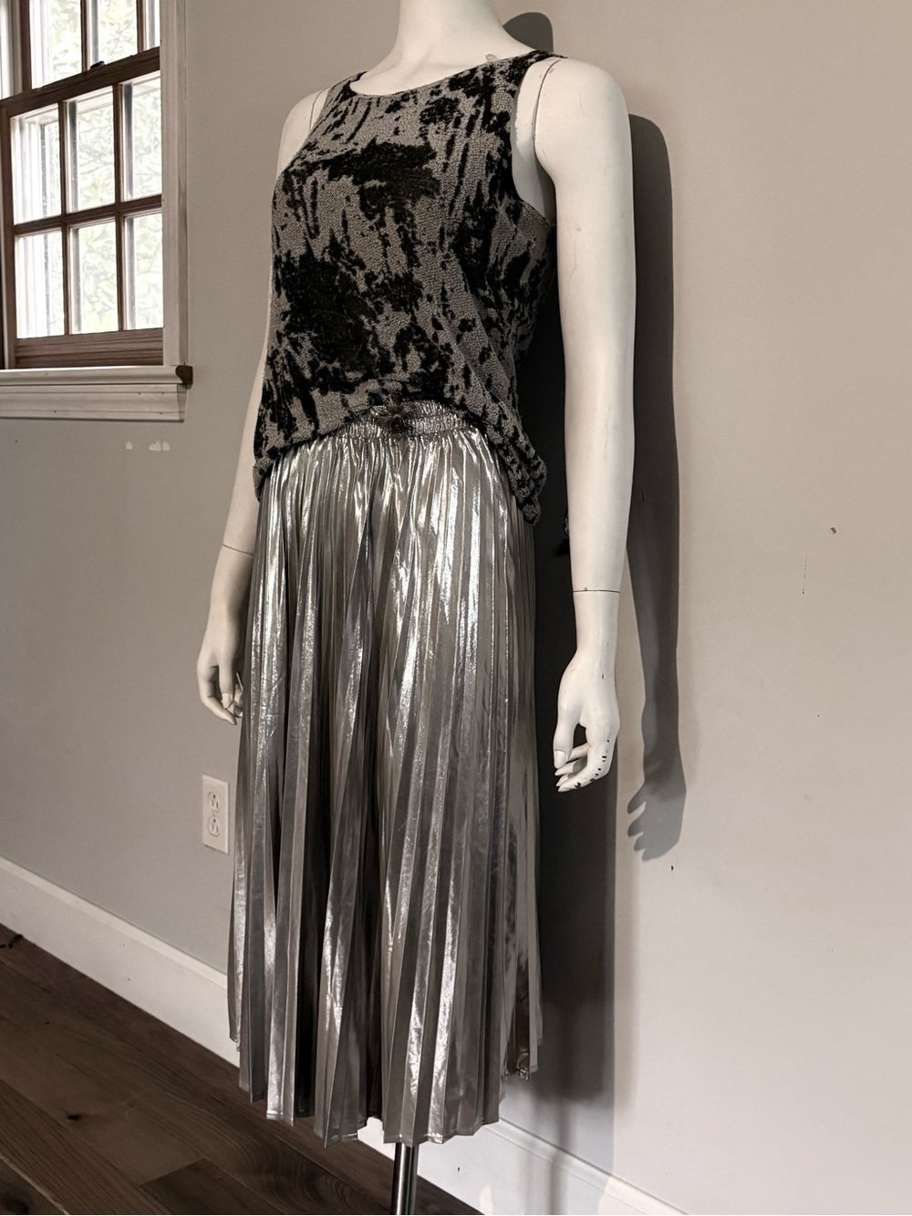 Silver Metallic Pleated Midi Skirt
